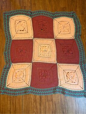 Vtg Granny Afghan Blanket 3D Flower Power Handmade Crochet 49X47” Cottagecore